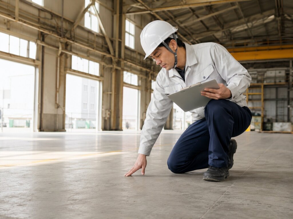 工場のコンクリート床を点検・診断する塗装業者の様子