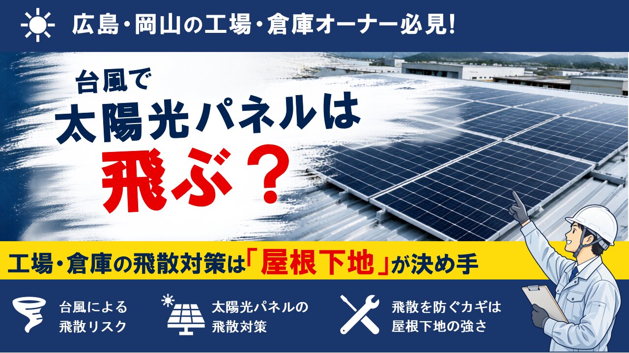 【岡山・広島】台風で太陽光パネルは飛ぶ？工場・倉庫の飛散対策と「屋根下地」が決め手になる理由