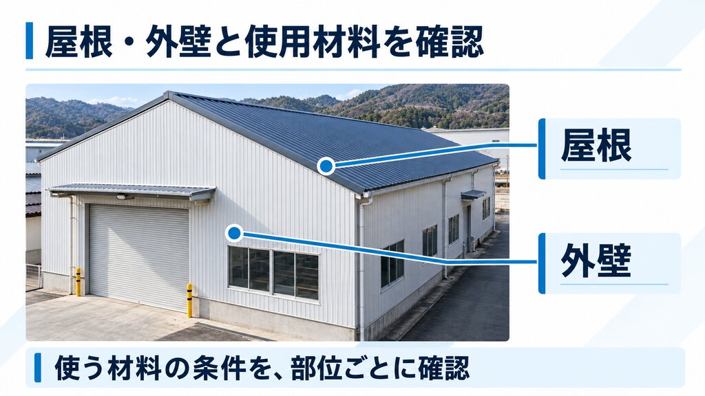 工場の屋根と外壁の位置を引出し線で示し使用材料を確認する図