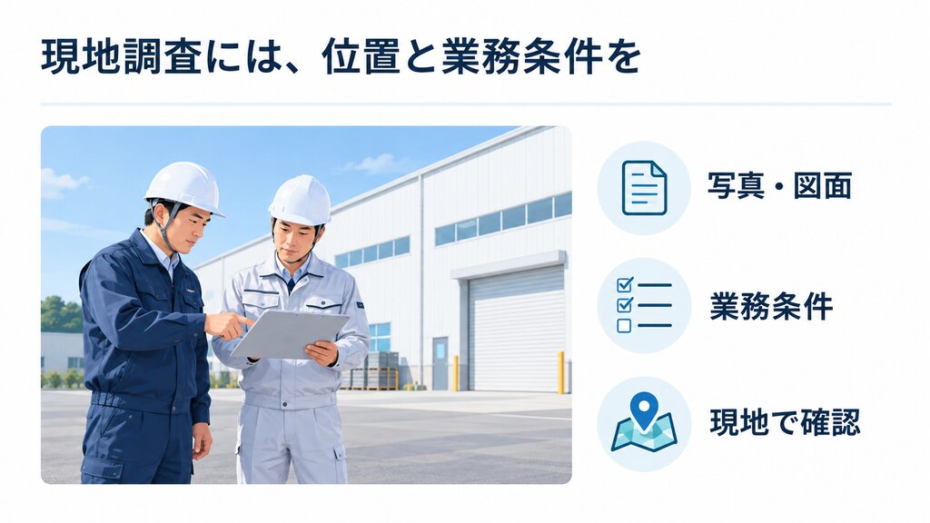 工場前の地上で担当者が図面と業務条件を共有して外壁工事を相談するイメージ
