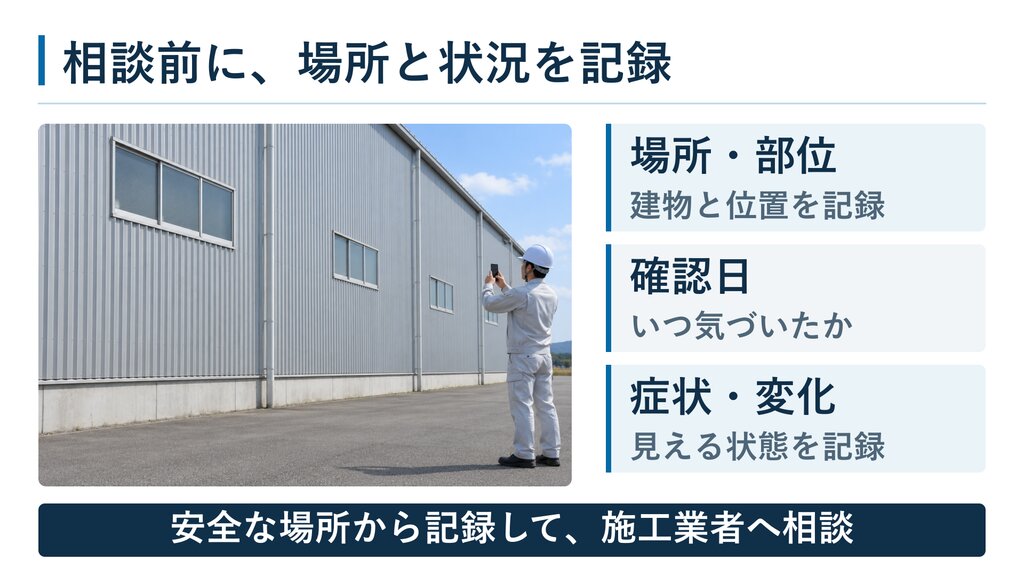 地上から工場外壁を撮影する写真と場所や確認日や症状の記録項目