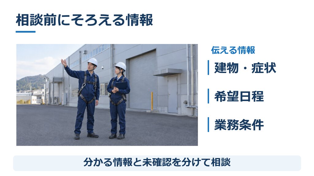 工場前で相談する担当者と建物と日程と業務条件の整理