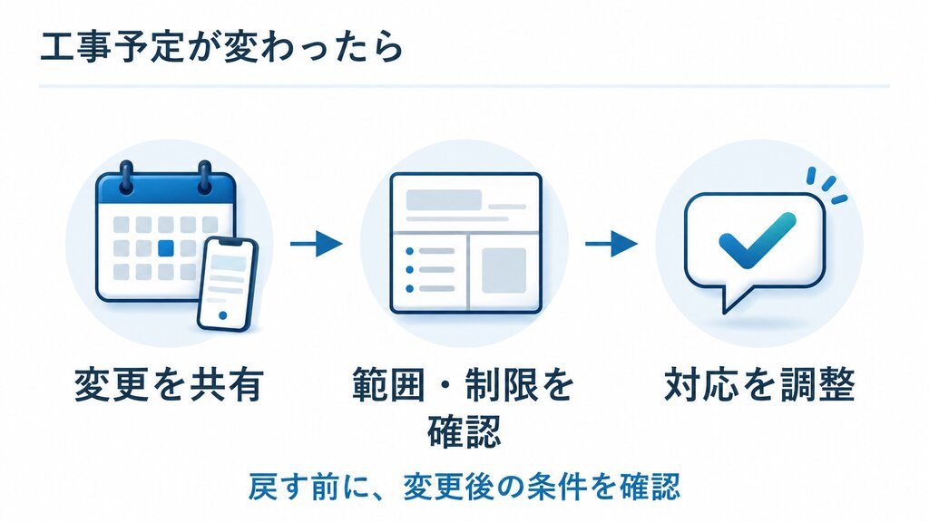 工事予定の変更を共有して作業範囲と使用制限を確認し対応を調整する流れ
