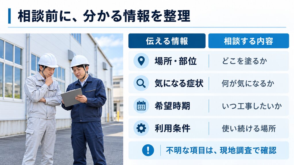 工場前で相談する二人と場所や症状や希望時期や利用条件を整理した図