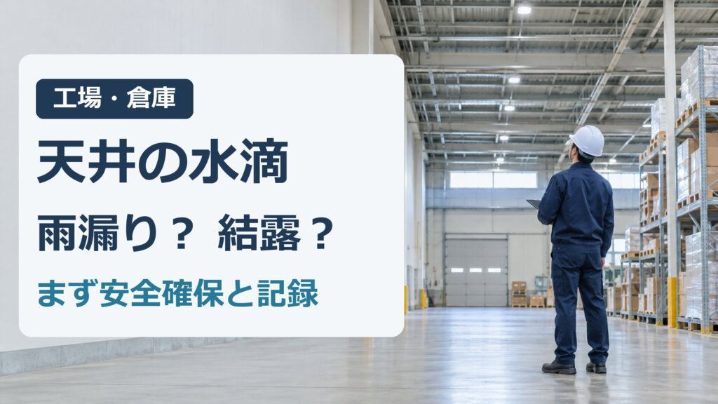 工場・倉庫の参考イラストと、天井の水滴、雨漏り・結露、安全確保と記録の見出し