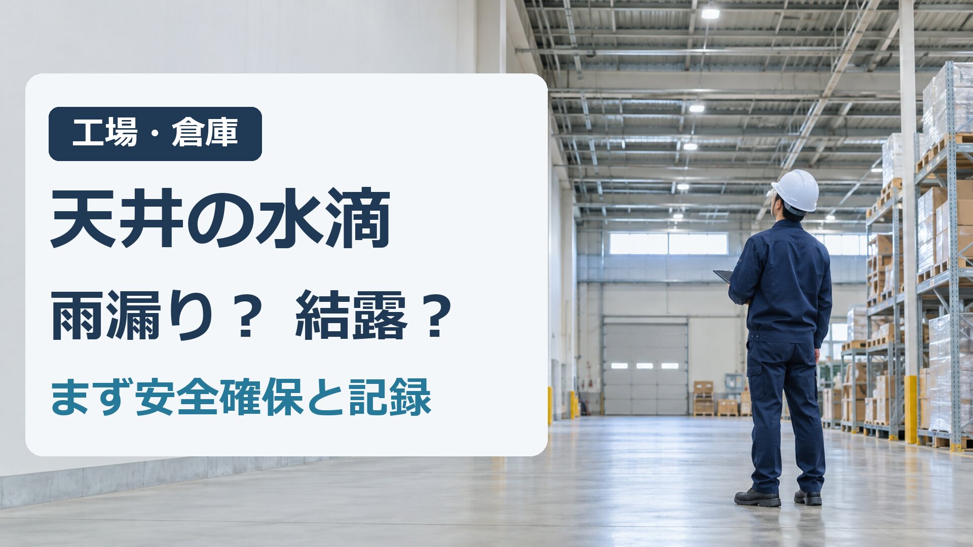 工場・倉庫の参考イラストと、天井の水滴、雨漏り・結露、安全確保と記録の見出し