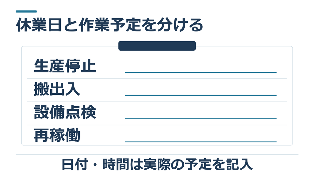 生産停止と搬出入と設備点検と再稼働の予定を記入する整理表