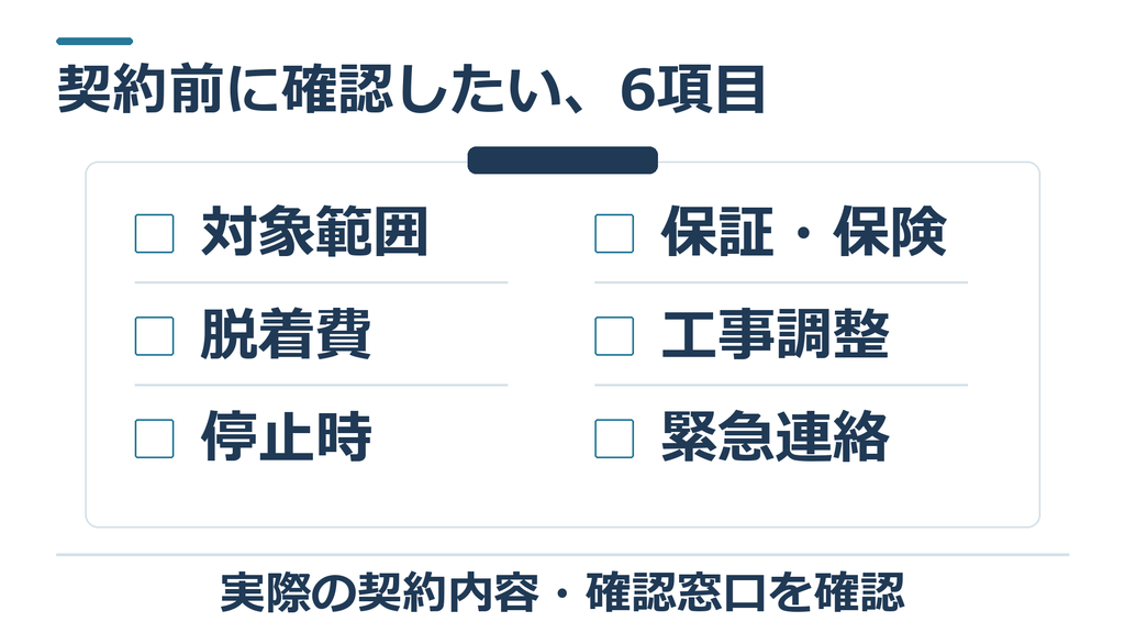 対象範囲、脱着費、停止時、保証と保険、工事調整、緊急連絡の6項目を示す契約確認チェックシート