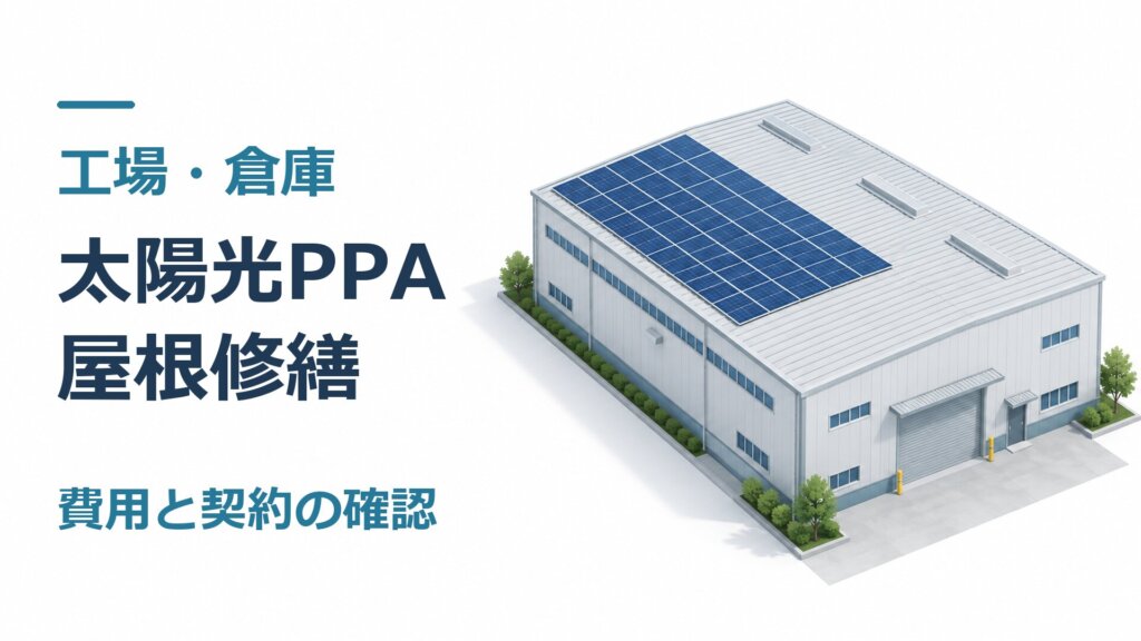太陽光パネルが載った工場の参考イラストと、屋根修繕の費用・契約確認を示す見出し